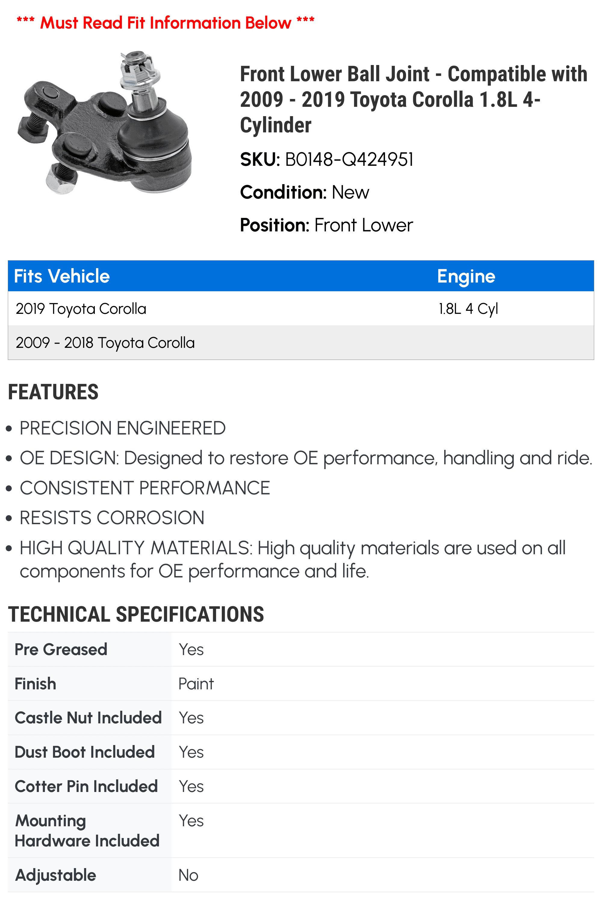 Front Lower Ball Joint - Compatible with 2009 - 2019 Toyota Corolla 1.8L 4-Cylinder 2010 2011 2012 2013 2014 2015 2016 2017 2018