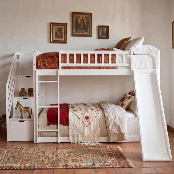 Mintazer Full Over Full Bunk Bed with Storage Staircase & Convertible Slide, Kids Bunk Bed Frame with Guardrails & Ladder, No Box Spring Needed, White