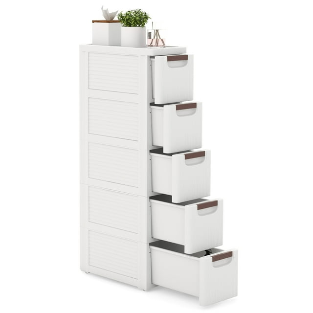 Gymax Armoire de Rangement Étroite à 5 Tiroirs sur Roulettes avec Poignées de Tirage et Roues Intégrées
