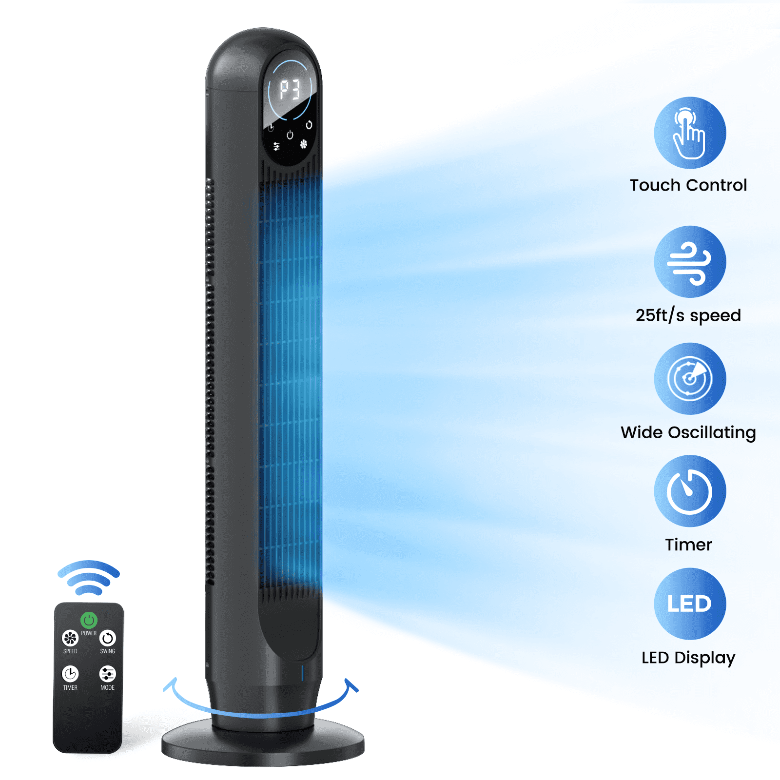 Tower Fan For Home with Remote, 31" Bladeless Floor Fans for Home, 4 Modes & 4 Speeds, 12H Timer, LED Display, Wide Oscillating Wide Cooling for Bedroom, Office