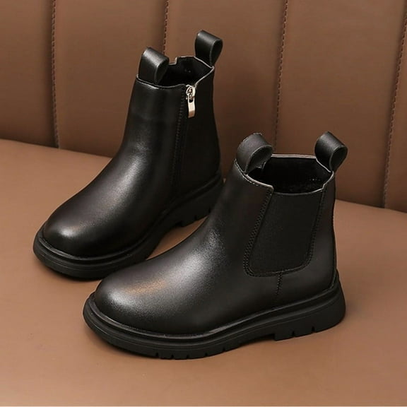 Ovbmpzd Leather Girls Chelsea Boots Little Kids Dress Ankle Black Side Zipper Faux Fur Lined Boots Girl Boots Size 10