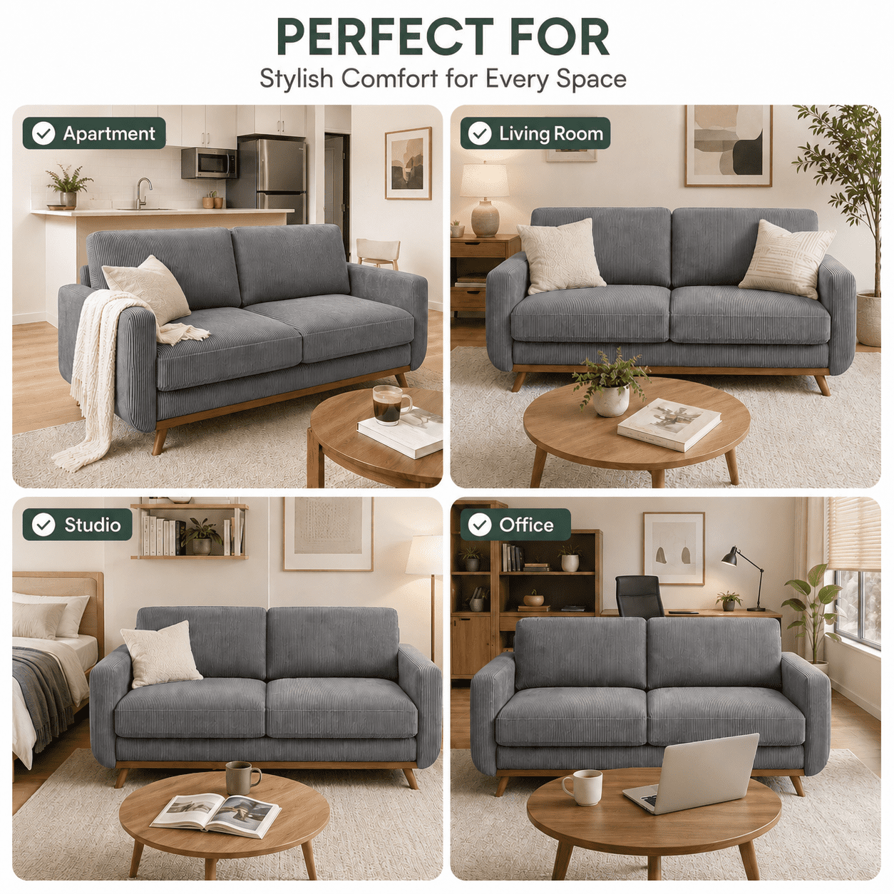 Neche 68" Corduroy Sofa for Living Room, 2 Seater Modern Couch for Small Space Office, Comfy Loveseat in a Box, Grey