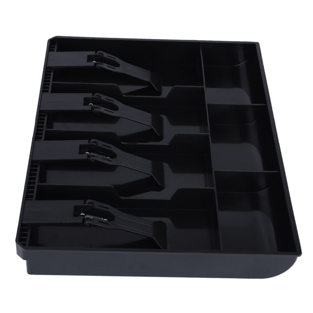 Garosa Cash Drawer Register Insert Tray Replacement featuring 4 compartments for bills and 3 for coins, made of durable black ABS plastic. The tray includes strong spring-loaded clips for securely holding bills and an arc-shaped edge design in the coin compartments for easy access. Dimensions are approximately 32 x 24.5 x 3.5 cm, and it weighs 377g. Ideal for organizing money in cash registers.