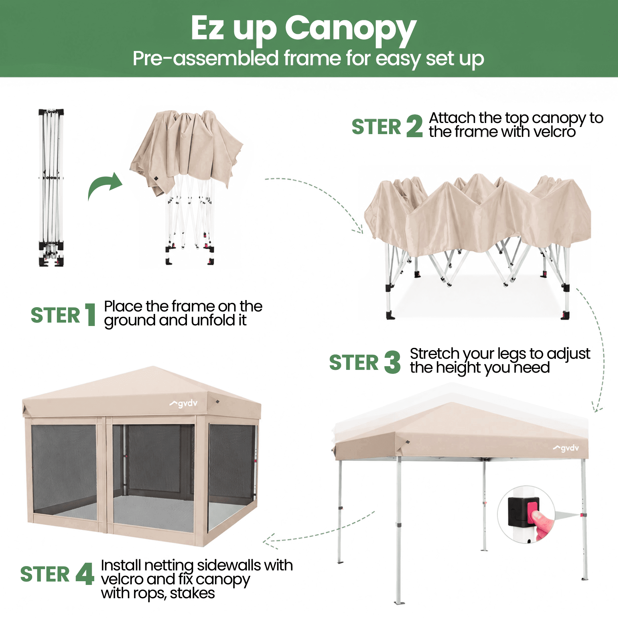 GVDV 10'x10' Pop-Up Canopy Tent, Adjustable Height, Mesh Netting