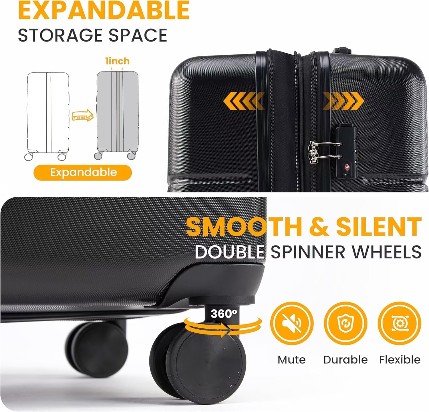 QUIOCOZY 28-inch Hardside Checked Luggage, Hard Shell Lightweight Expandable Suitcase with Spinner Wheels and TSA Lock, Black