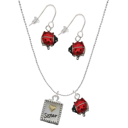 Delight Jewelry Shadow Box Sister with Goldtone Heart Red Lucky Ladybug Necklace and Dangle Earrings Set