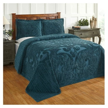 Yunwen Better Ashton Collection 100% Cotton Chenille Bedspread Medallion Design Queen Size Floral Design Bed Cover in Teal - Tufted Cotton Bedspreads, Lightweight Bedspread & Coverlets