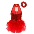thumbnail image 2 of Robe Tutu de Danse Ballet Sans Manches à Paillettes pour Filles, Justaucorps, Robe de Performance sur Scène Jazz Latin avec Chouchou Rouge 7, 2 of 7