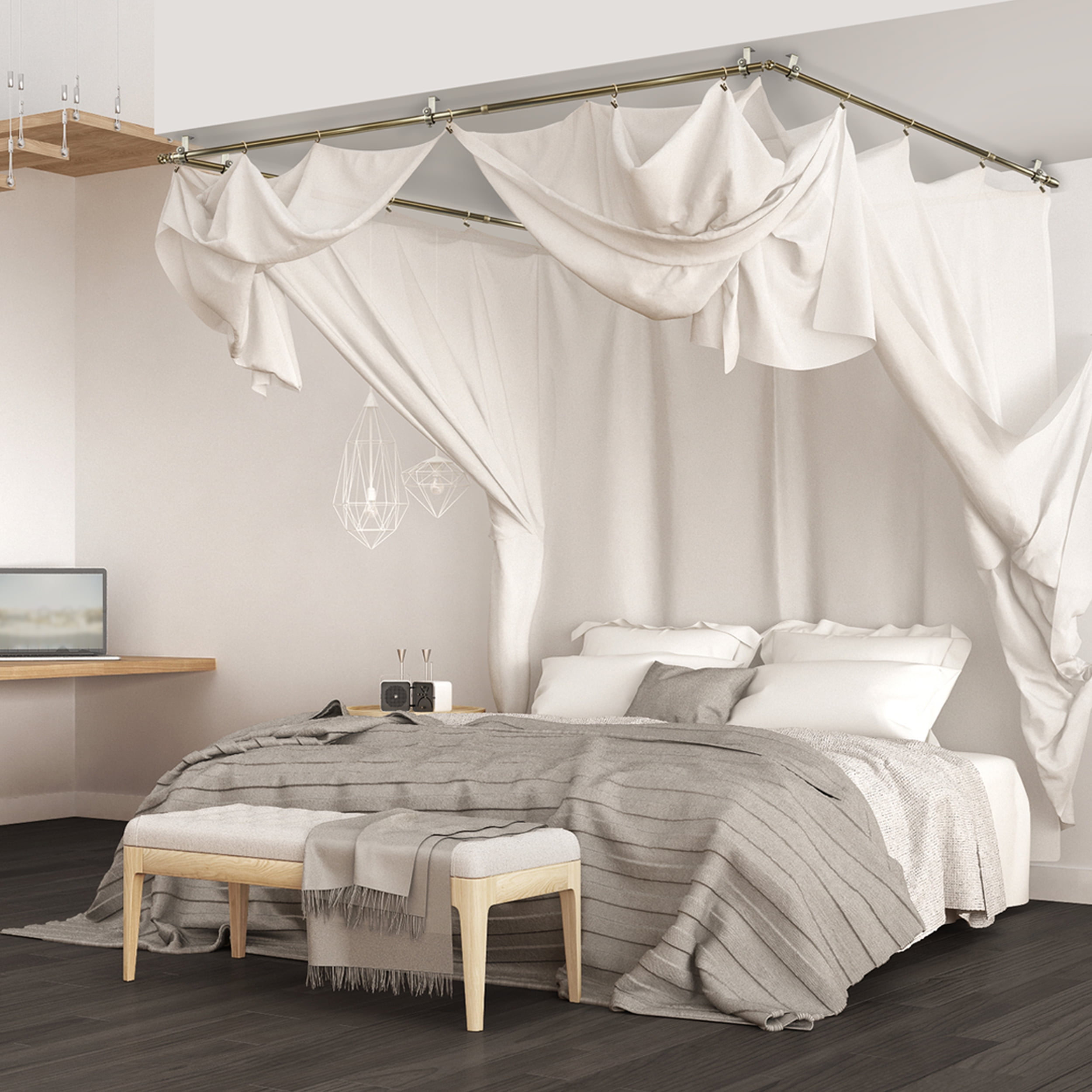 Andre Multi Angle Ceiling Rod/ Room Divider/ Bedroom Canopy Adjustable 66-120 inch - Three Sided - Antique Brass