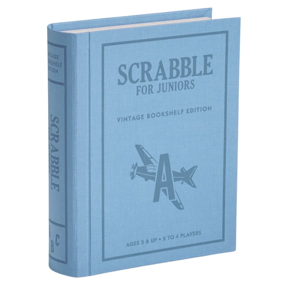WS Game Company Scrabble Junior Vintage Bookshelf Edition – 2-Sided Board Grows with Your Child – Fabric Wrapped Book Storage Word Game for Ages 5 and Up