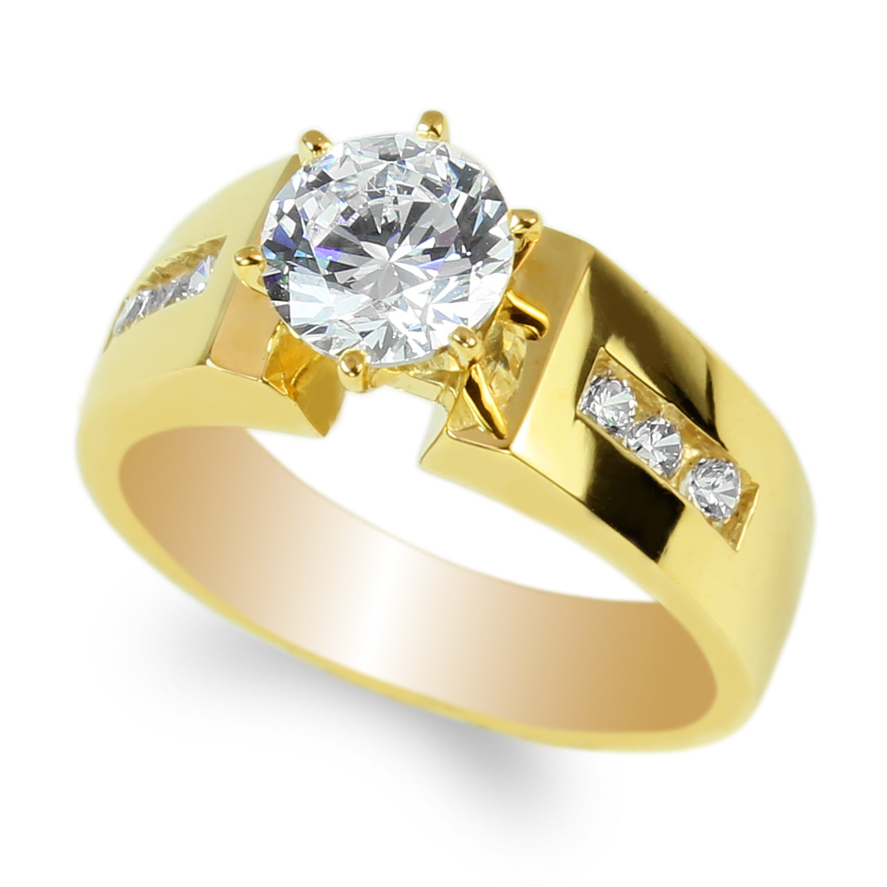 JamesJenny  Ladies 10K Yellow Gold Solid Solitaire Ring with Accents CZ Clear 