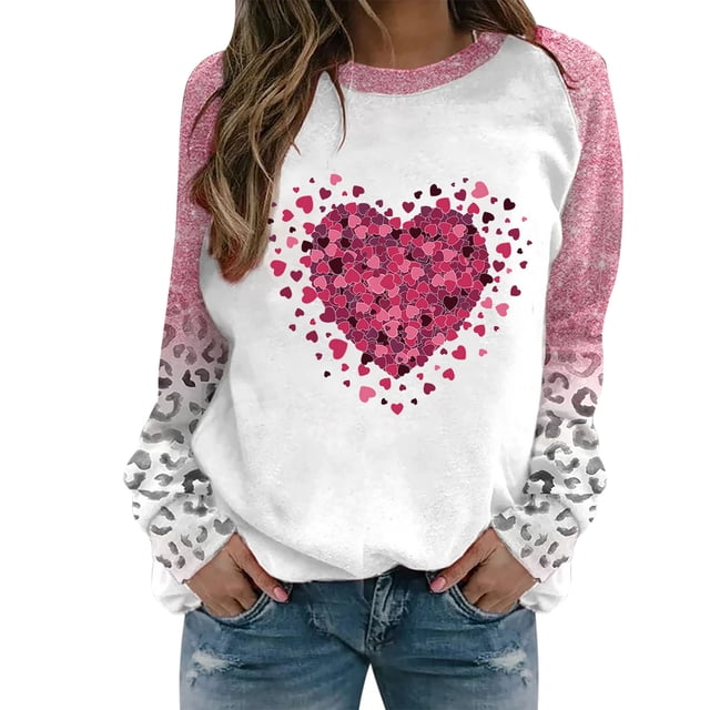 VALMASS Plus Size Valentine'S Day Raglan Sleeve Sweat-Shirts Mode Imprimé Cosy Tops Casual Col Rond Tunique Sweat-Shirts (S, Rose-B)