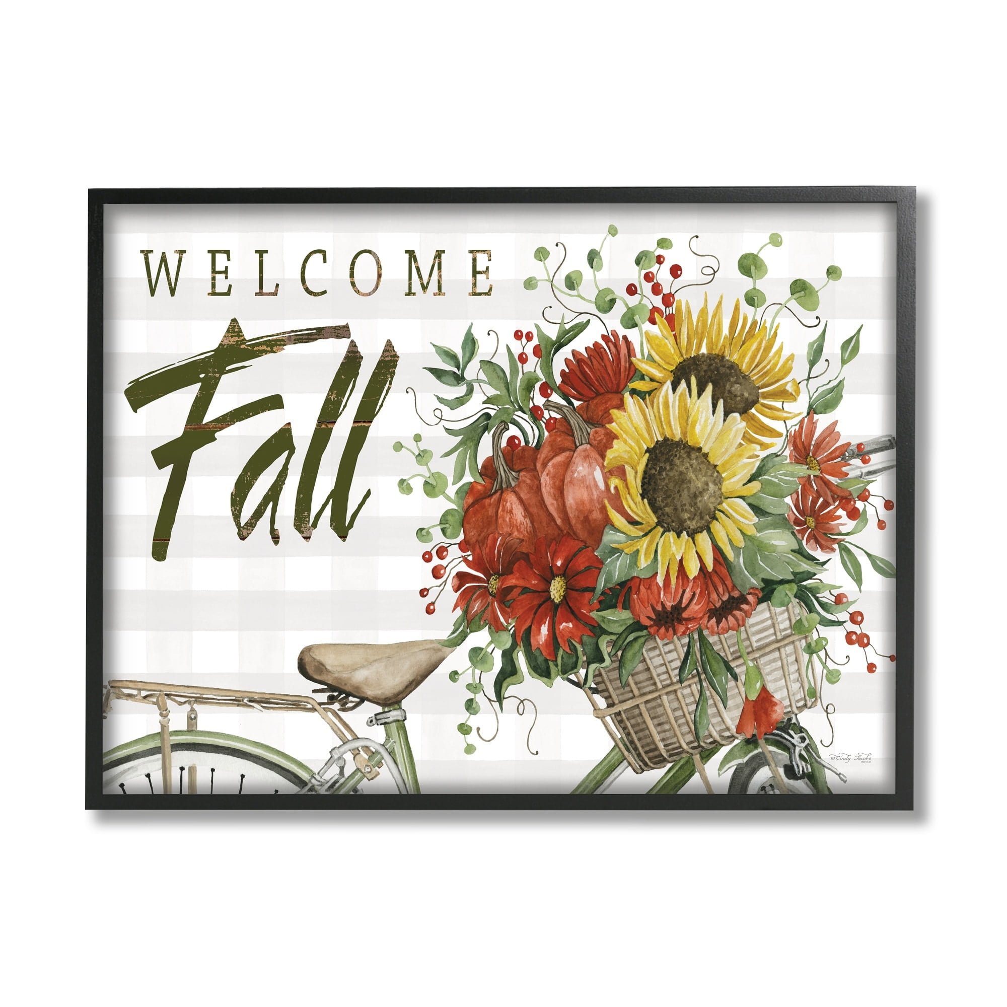 Stupell Industries Welcome Fall Autumnal Flower Assortment Bicycle Basket Graphic Art White Framed Art Print Wall Art, Design by Cindy Jacobs