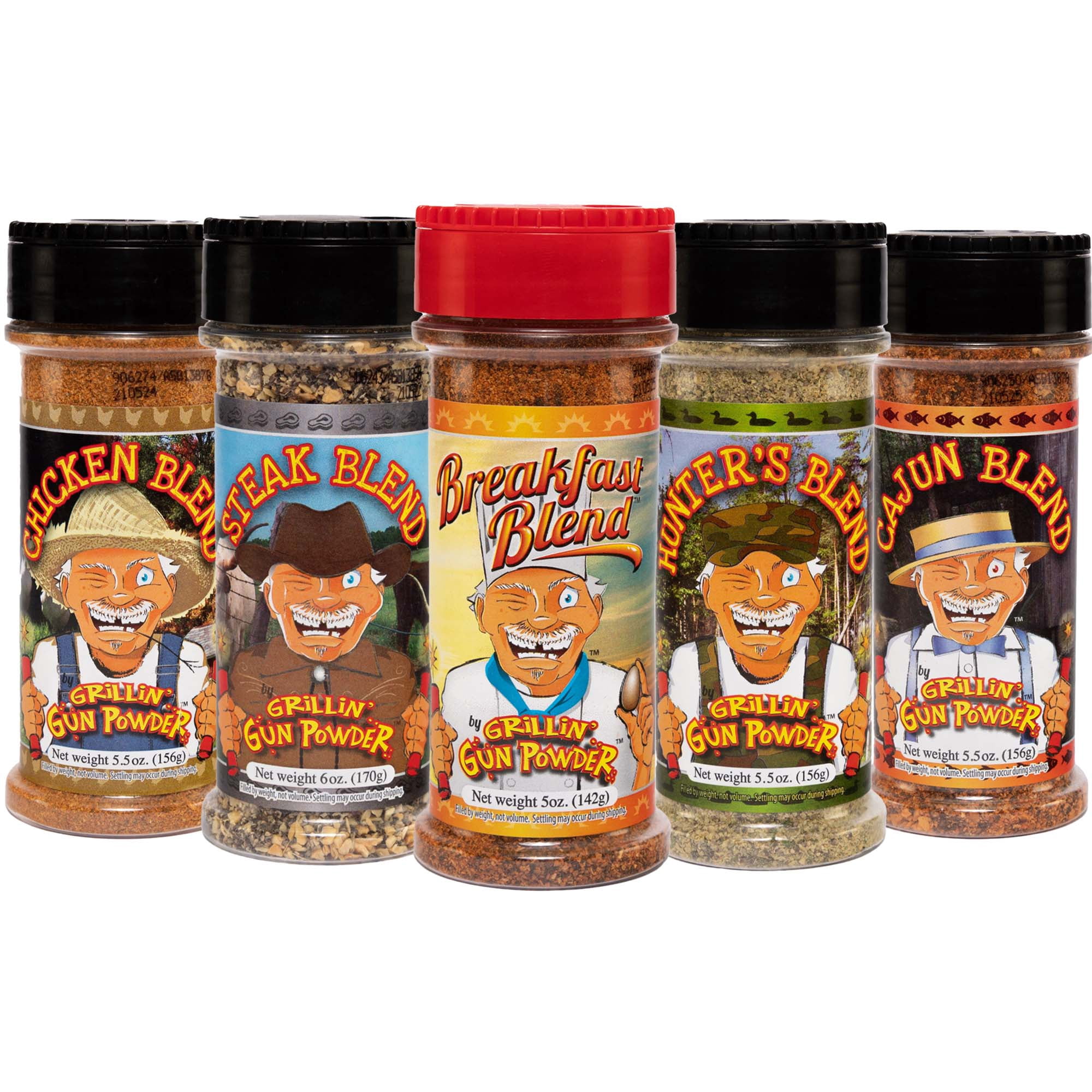 Grillin' GunPowder Seasoning Pack of Breakfast 5oz, Game 5.5oz, Cajun 5.5oz, Chicken 5.5oz, Steak 6oz