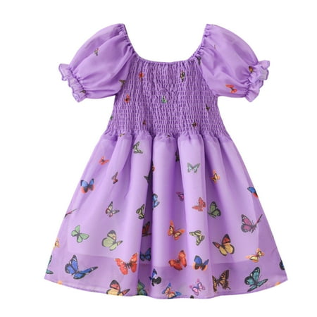 

Toddler Baby Girls Floral Dress Cute Puff Sleeve Butterfly Print A Line Ruffle Dress Summer Princess Sundress