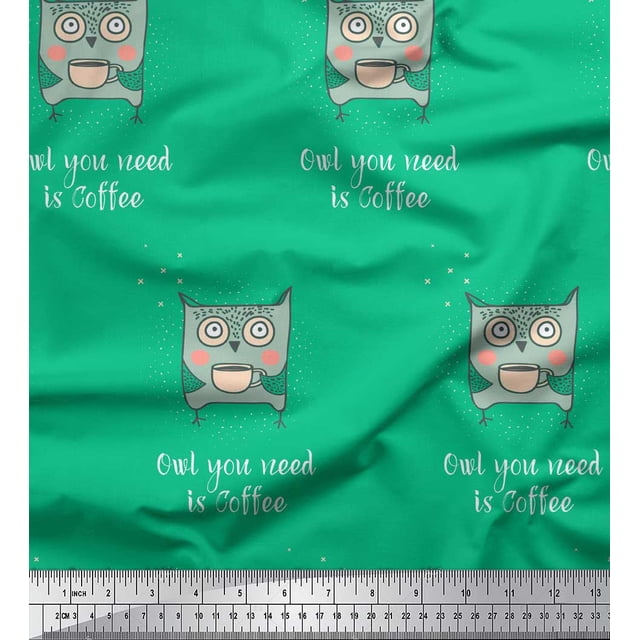 Soimoi Green polyester Crepe Fabric Text & Owl Cartoon Printed Craft Fabric by the Yard 52 Inch Wide