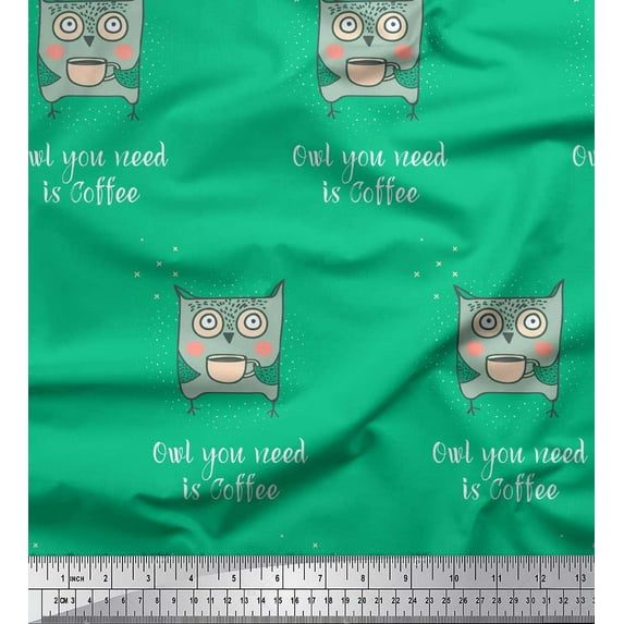 Soimoi Green Cotton Voile Fabric Text & Owl Cartoon Print Fabric by Yard 42 Inch Wide