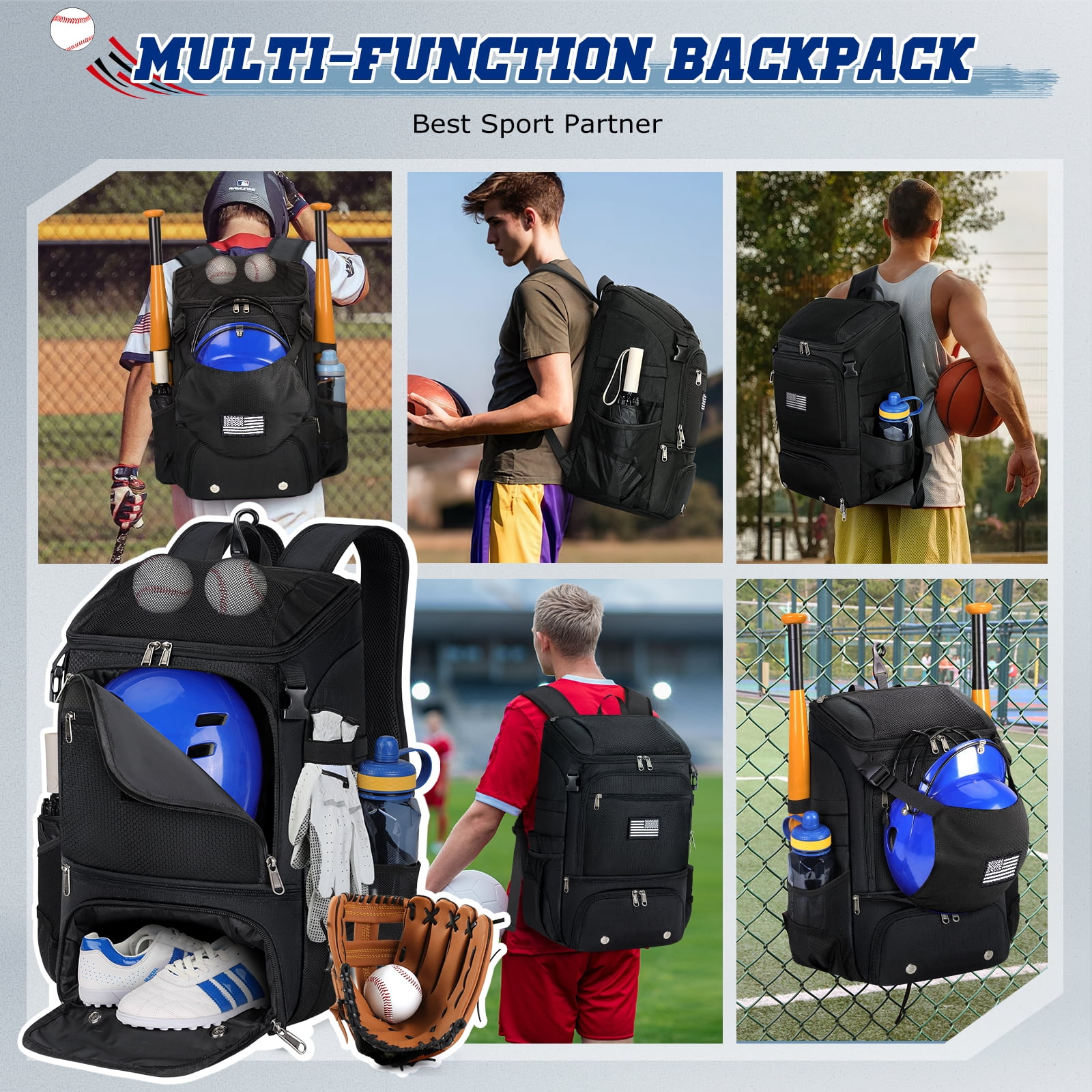 RAINSMORE Baseball Backpack, Lightweight Softball Bat Bag with Shoe Compartment, Fence Hook & Helmet Holder, Sports Gear Backpack for Youth Adult T-Ball Softball,Black