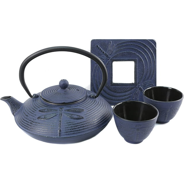 CUISILAND BLUE 27oz Dragonfly Cast Iron Teapot Set with 2 Cups
