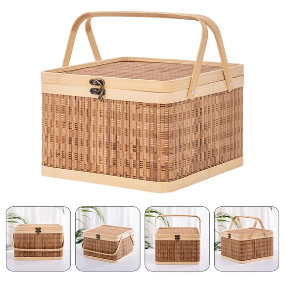 OUNONA Khaki Woven Small Basket with Handle, Lightweight Picnic Basket Set for Outdoor Use and Storage