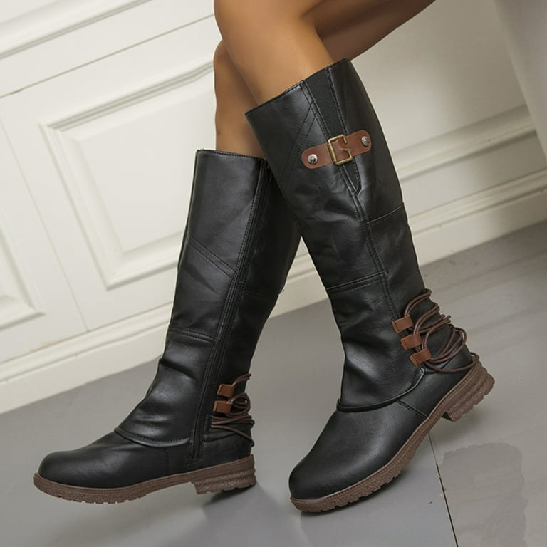 HSMQHJWE Knit Boots For Women Knee High Womens Boots Knee High Wedge Ladies Vintage Solid Color Leather Top Boots Side Zip Belt Buckle Flat Fashion