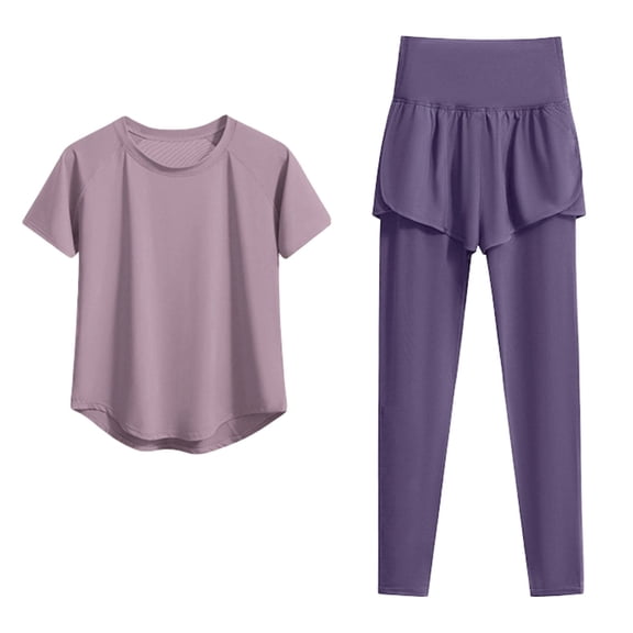 Telankuip Women's 2 Piece Yoga Workout Outfits Round Neck Loose Breathable Quick Dry Short Sleeve Top and 2-in-1 High Waist Athletic Leggings Breathable Lightweight Training Sets Light Purple XXL