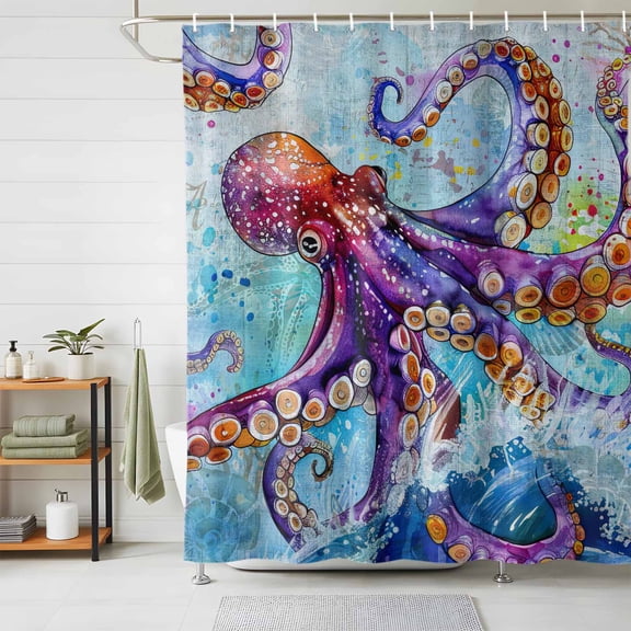 Shower Curtain,Nautical Ocean Sea Monster Octopus Waterproof Shower Curtain Set with Hooks for Bathroom Showers,Stalls and Bathtubs,72x72in,Coastal Gradient Sealife Art