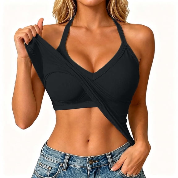 Ribbed Tank Tops for Women Built in Bra Cropped Spaghetti Strap Sleeveless V Neck Racerback Fitted Tee Athletic Workout Casual Basic Top (Black,M)