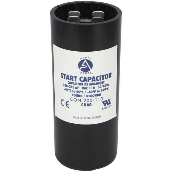 Appli Parts motor start capacitor 200-240 Mfd (microfarads) uF 110-125 VAC universal fit for electric motor applications 1-7/16 in Diameter 3-3/8 in Height CON-200-110