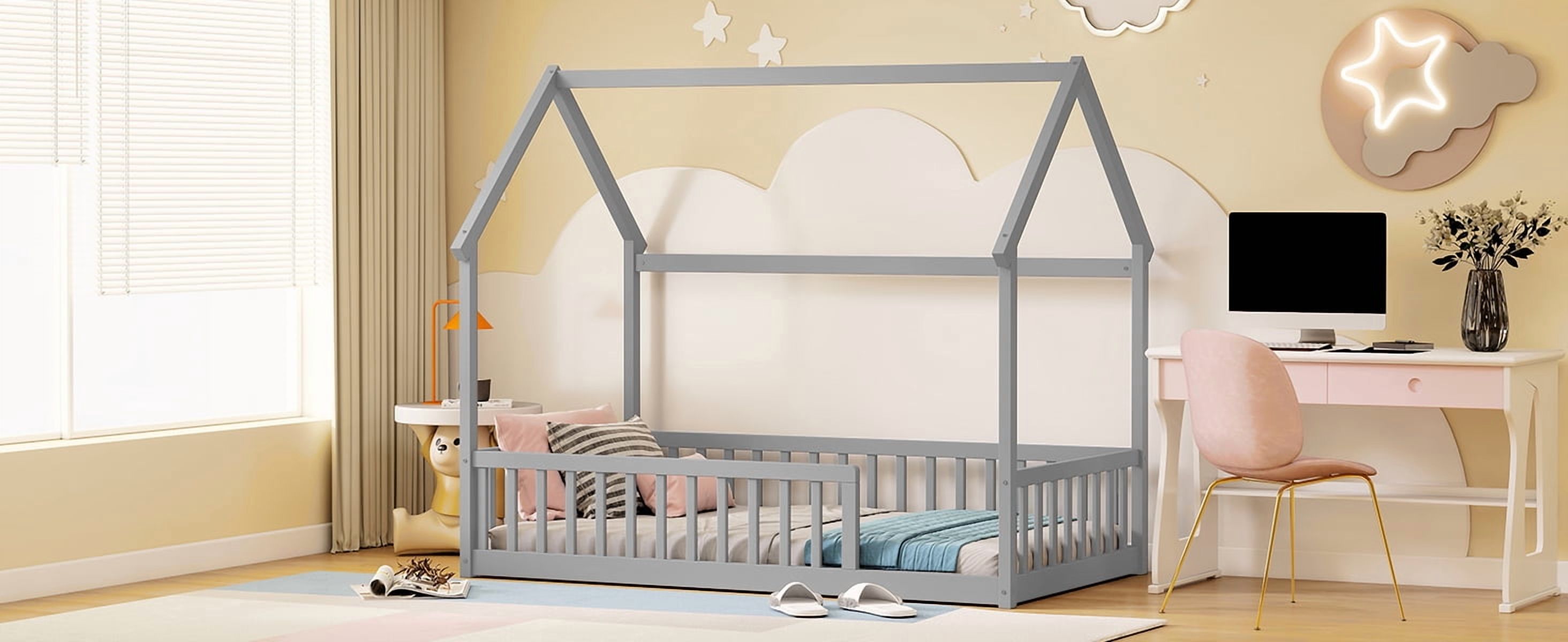 Twin Size House Floor Bed with Roof Frame, Pine Wood Floor Bed with Safety Guardrails, Grey