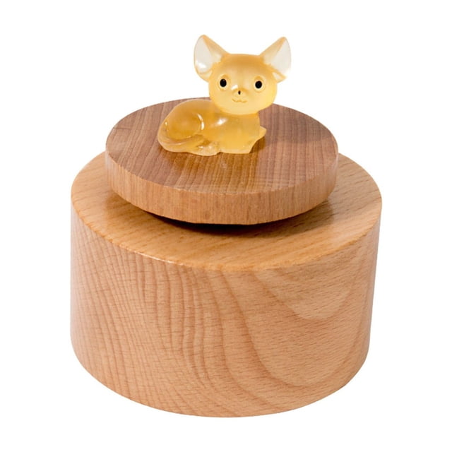 Orange Mini Rotating Music Box Wooden Musical Toy With Glowing Effect 3X2.8X2.8 Inches Handmade Gift For Kids Birthday Christmas Decoration 0.42 Lbs