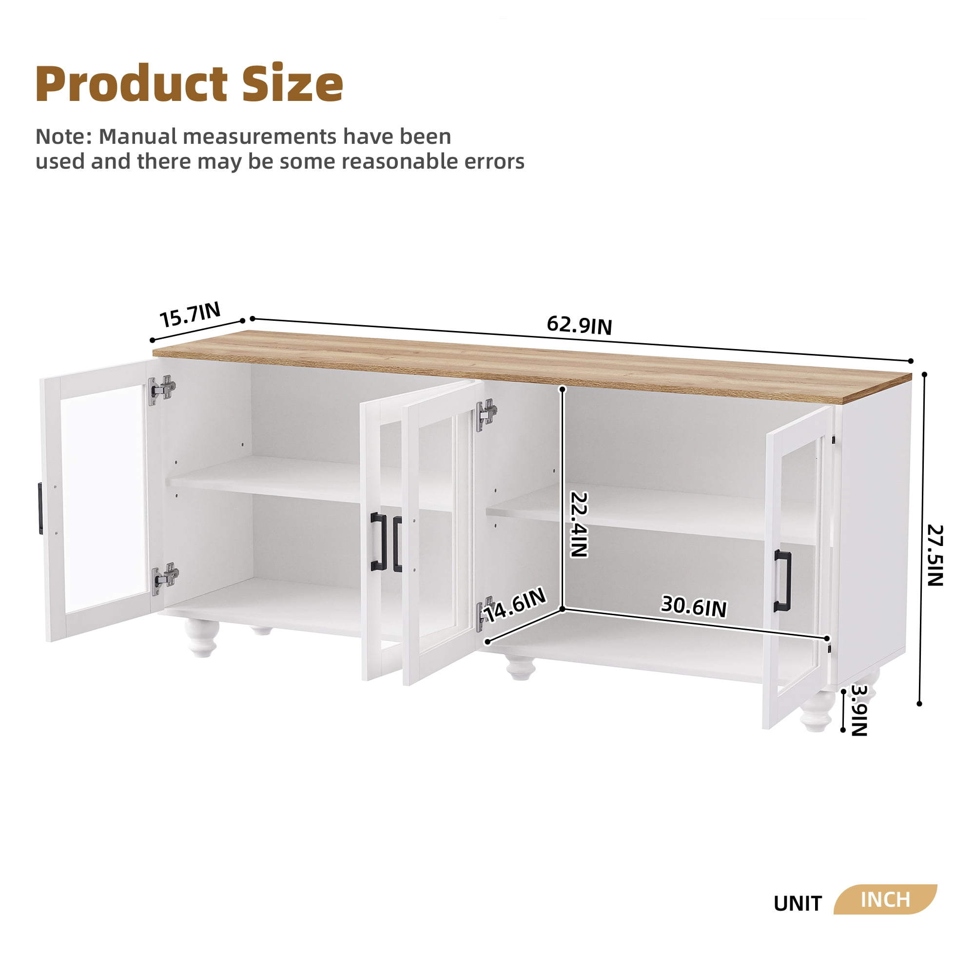 Euroco 63" Farmhouse TV Stand with Glass Doors & Adjustable Shelves, Buffet Sideboard Console with Solid Wood Gourd Legs, Vintage Display Cabinet for TVs up to 70", Living Room or Dining Room