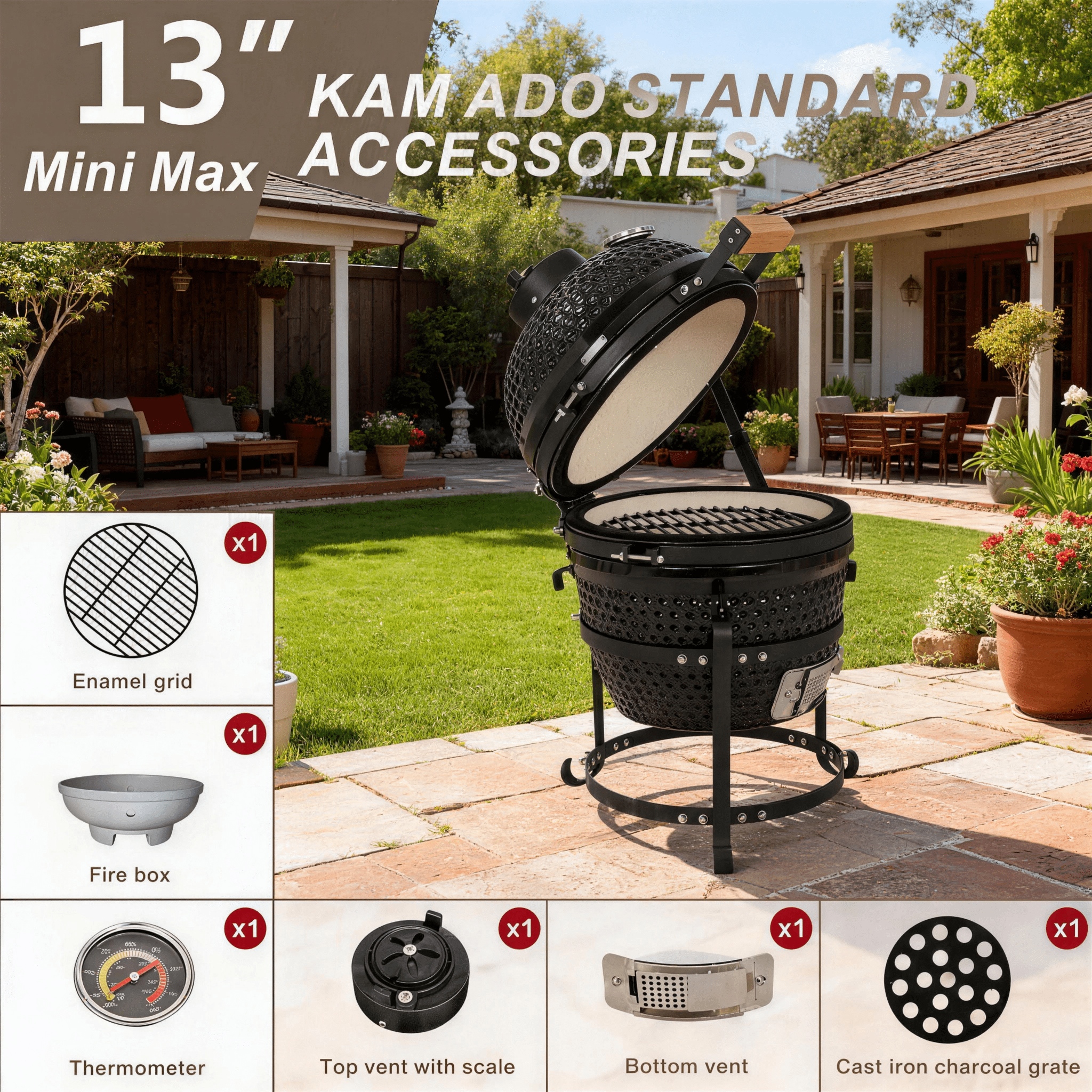 LODZPK 13in Round Ceramic Charcoal Grill Black, 50-800°F Heat Retention for Grilling Smoking