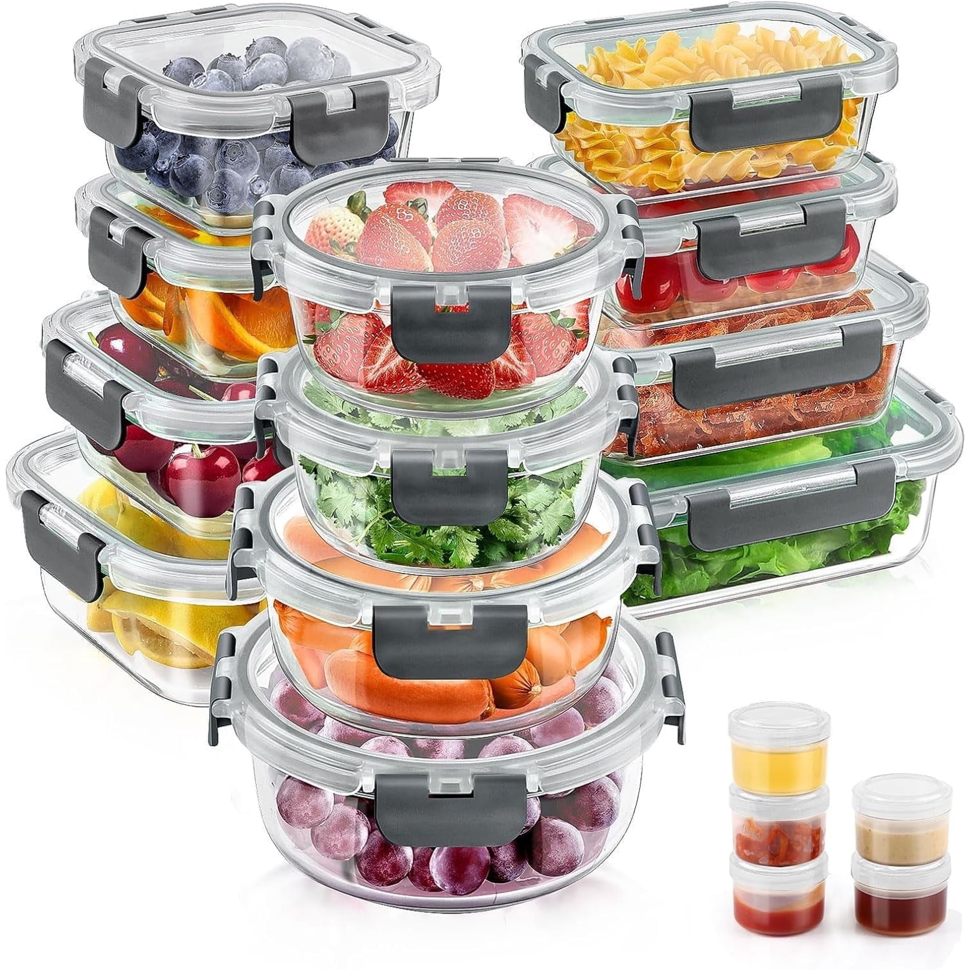 34pcs Glass Food Storage Containers with Lids Set, Airtight Meal Prep Containers (17 Containers & 17 Lids), Grey