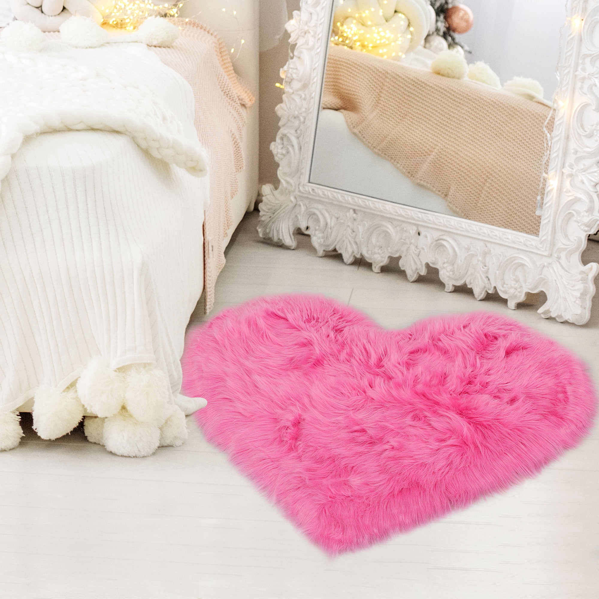 Unique Bargains Heart Shaped Faux Fur Shag Area Rug 2.3Ft x 3Ft Rose Red