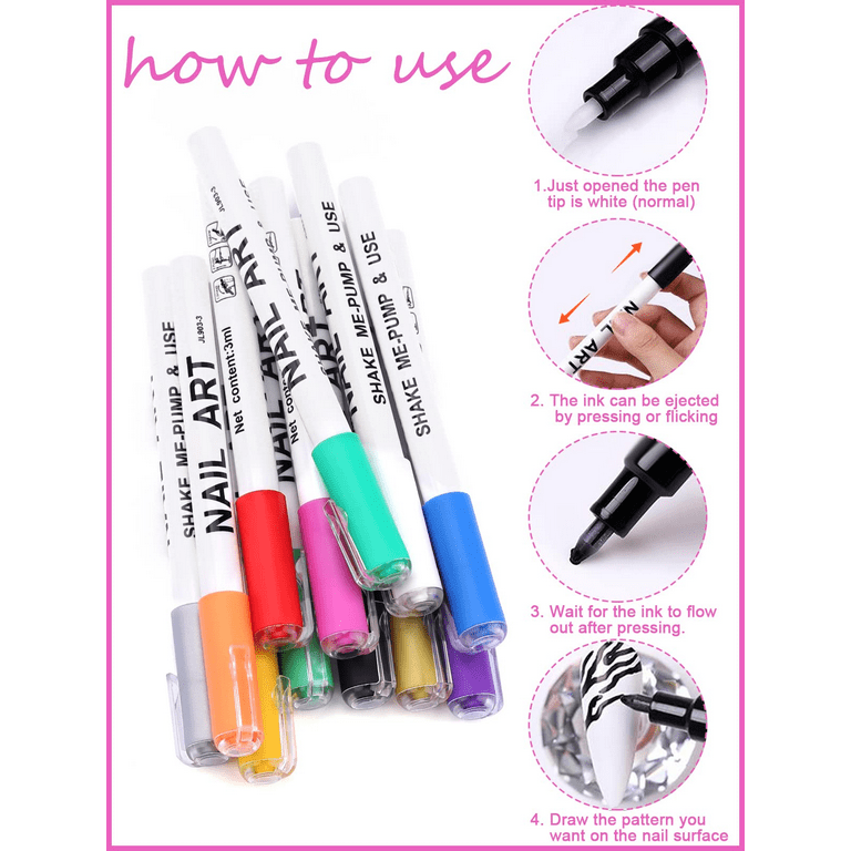 12 Color 3D Nail Art Pens Set, Kalolary Nail Polish Pens Nail Point  Graffiti Dotting Pen Drawing Painting Liner Brush for DIY Nail Art Beauty  Adorn