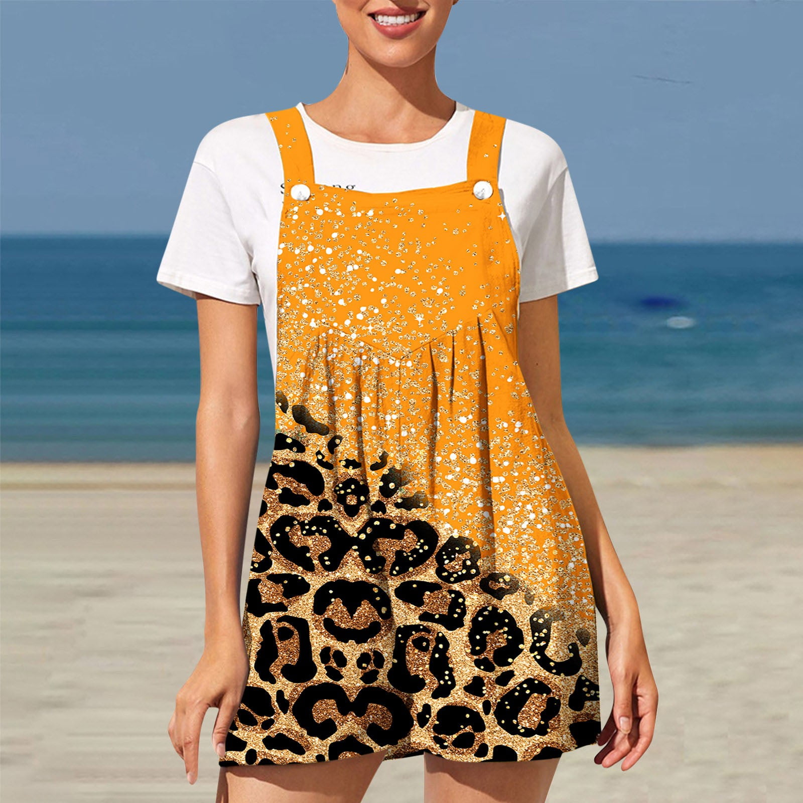 Virmaxy Women's Fashion Overalls Leopard Print Button Short