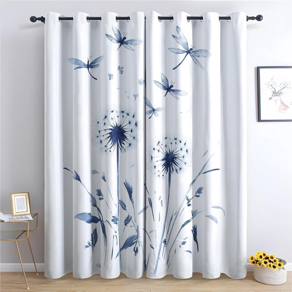 Dandelion Blackout Curtains, Thermal Insulated Room Darkening Grommet Drapes For Living Room & Bedroom, Floral Dragonfly Window Treatments & Home Decor 52"W x 96"L (Pack of 2)