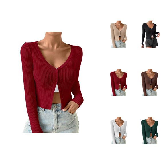 Womens Sweaters, Cardigan Sweaters for Women, Ribbed Knit Button Down V Neck, Lightweight Cropped Coat for Layering and Comfort