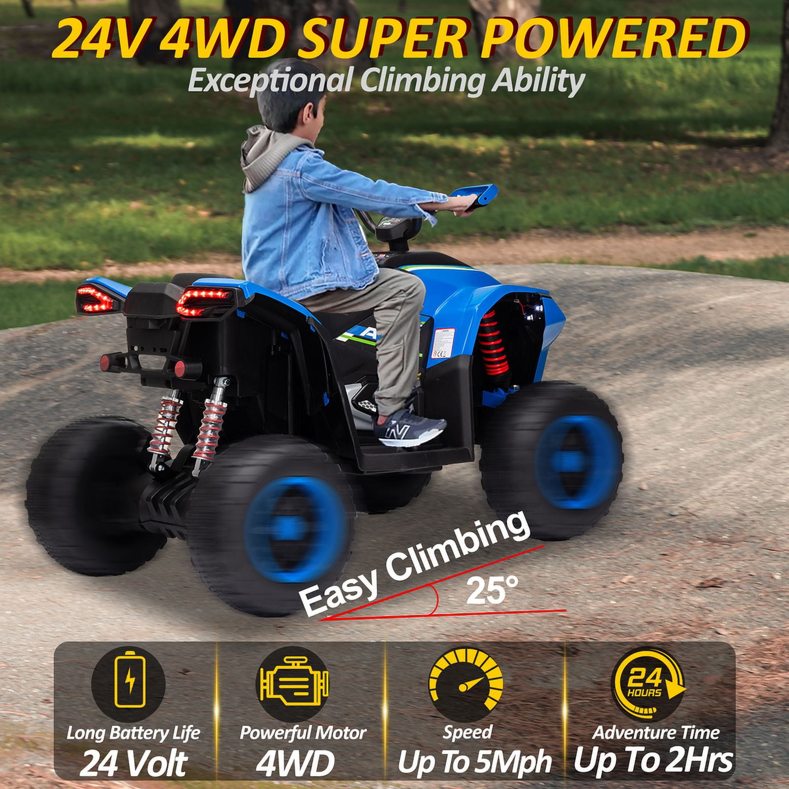Kids ATV 4 Wheeler, 24V 2 Seater Electric ATV Quad w/4WD Motor, Protective Gear Set, Bluetooth, LED Lights, Spring Suspension, Battery Powered Ride on Toys for Big Kids, Boys, Girls, Christmas, Blue