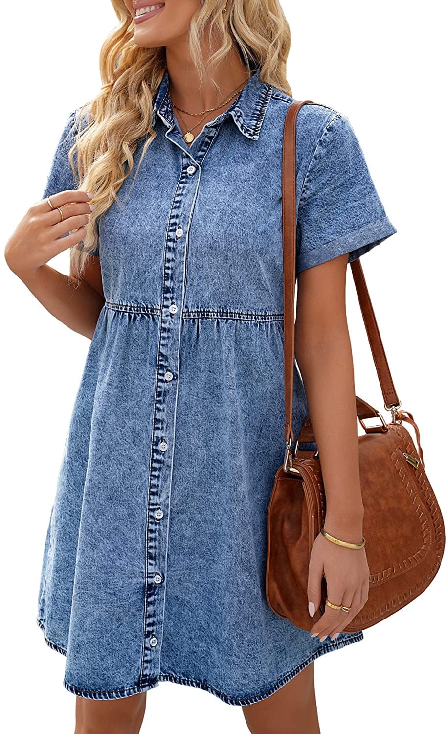 Women's Denim Dress Short Sleeve Button 