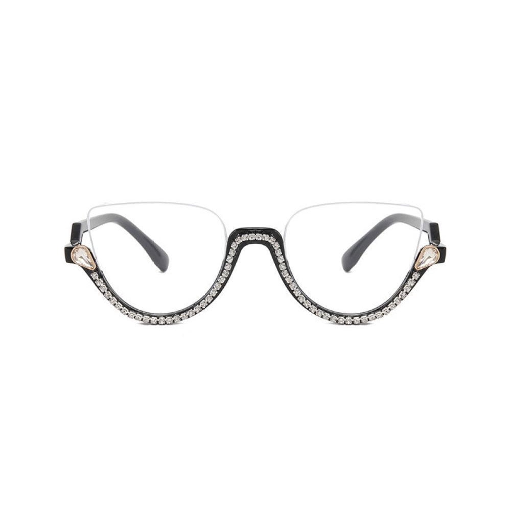Women Half Moon Blue Light Blocking Reading Glasses 2.75 Ladies Semi-Rimless Black Diamond Readers +2.75 Strength