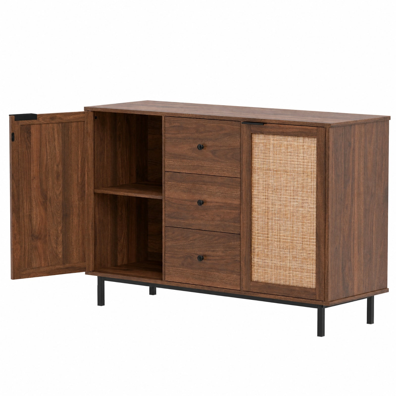 Furnibear Sideboard Buffet Cabinet Rustic Farmhouse Coffee Bar Table with 2 Rattan Doors and 3 Drawers for Kitchen Dining Living Room Buffet, Brown