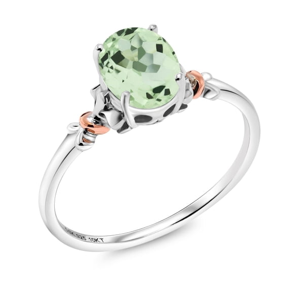 Gem Stone King 925 Silver and 10K Rose Gold Green Prasiolite Engagement Ring for Women | 0.75 Cttw | Oval 7X5MM | Gemstone Birthstone | Size 5