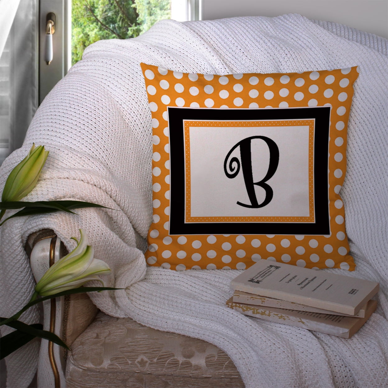Letter B Initial Monogram - Orange Polkadots Fabric Decorative Pillow