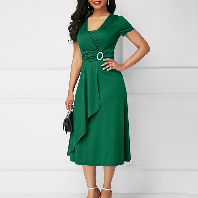UPPADA Économies d'Été Robes Grande Taille pour Femmes Pulpeuses Robe d'Invitée de Mariage Manches Courtes Col en V Robes de Cocktail à Étages Fluide Robe Ceinturée Robe de Cocktail pour Femmes