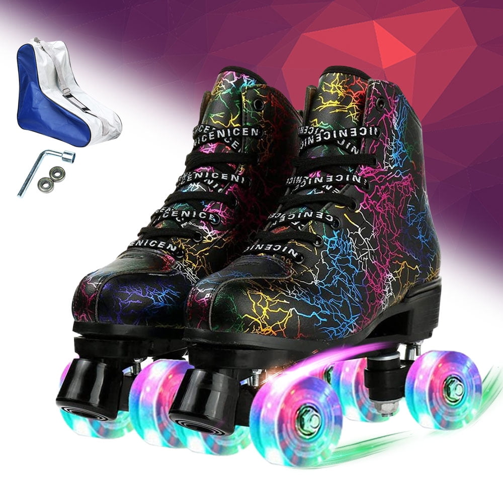 Unisex Roller Skates Double Row Four Wheels High-top Roller Skates Lightning Pattern for Beginners Boys and Girls