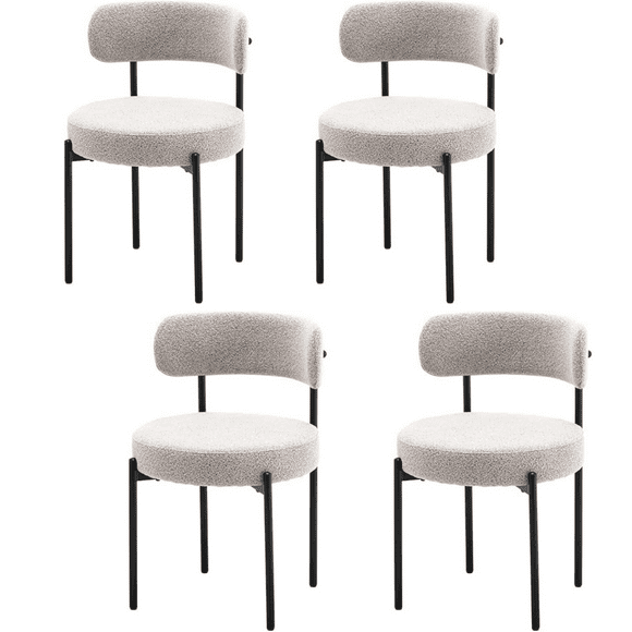 Dining Chairs Set of 4, Round Bouble Dining Room Chairs with Curved Brackrest and Thick Cushion Modern Upholstered Teddy Fabric Kitchen Side Chairs with Metal Legs, White