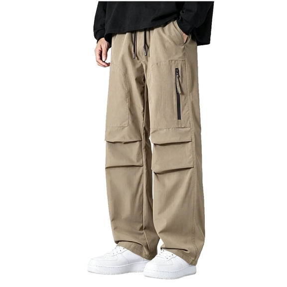 vdgthytj Cargo Pants for Men Pleated Elastic Drawstring Waist Wide Leg Baggy Streetwear Fall Casual Outdoor Pants with Pockets(X-Large,Khaki)