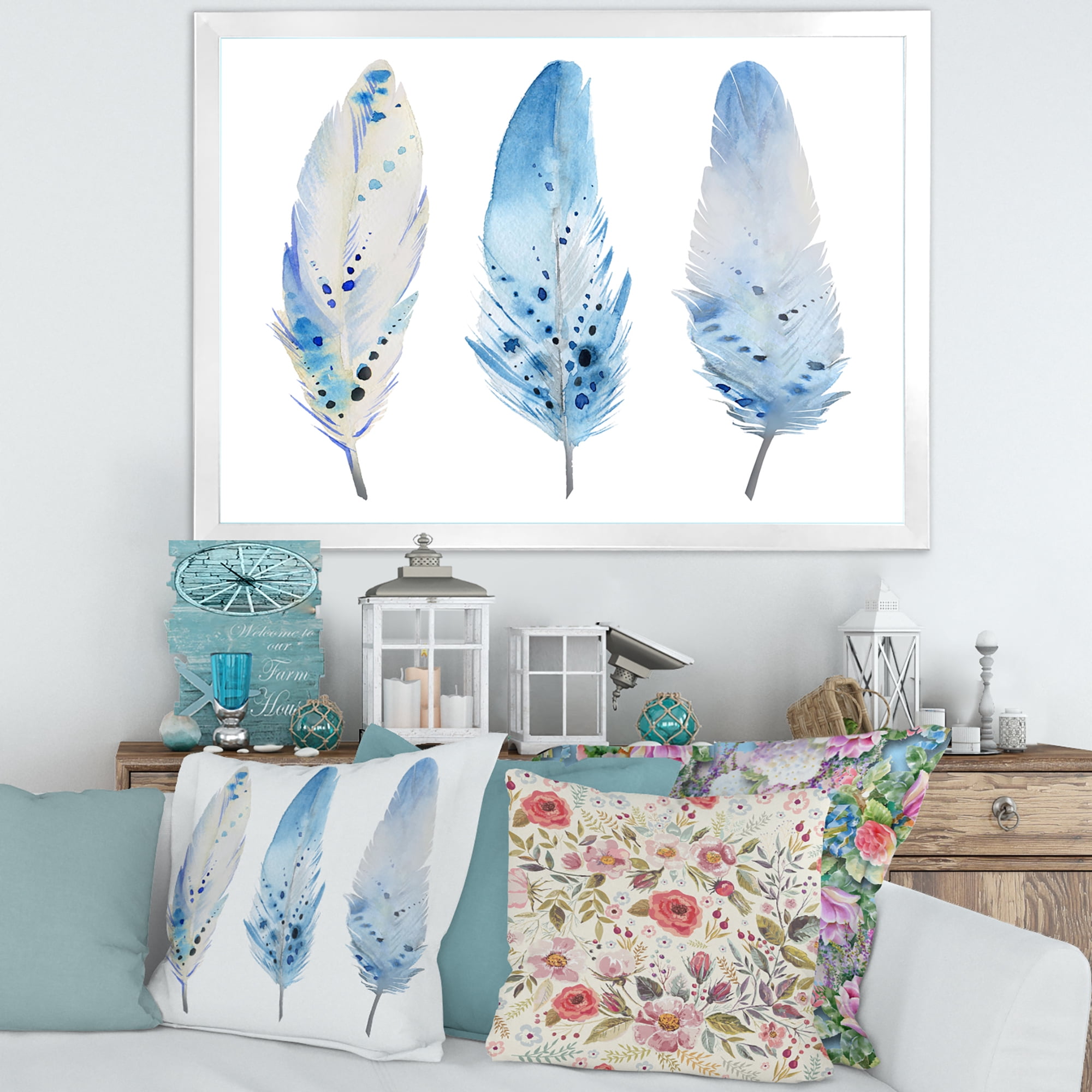 Designart 'Abstract Blue Boho Feathers II' Lake House Framed Art Print